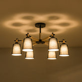 Contemporary Tapered Fabric Ceiling Pendant Light - 6 Heads, Black/White Chandelier Fixture - This product is a six-head black and white ceiling pendant light fixture made of wood with a fabric shade. It is modern in style and measures 30 inche